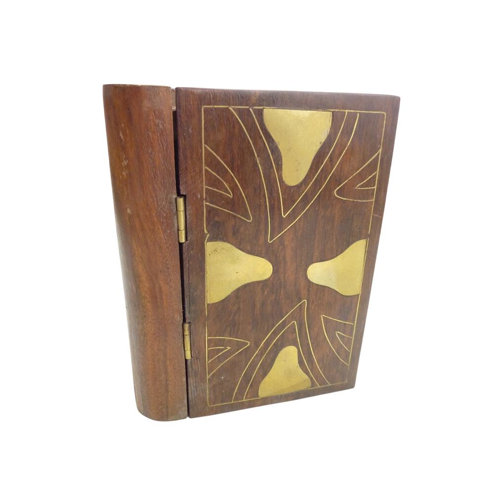 Vintage Secret Book Wood Hidden Treasures Inlaid Brass